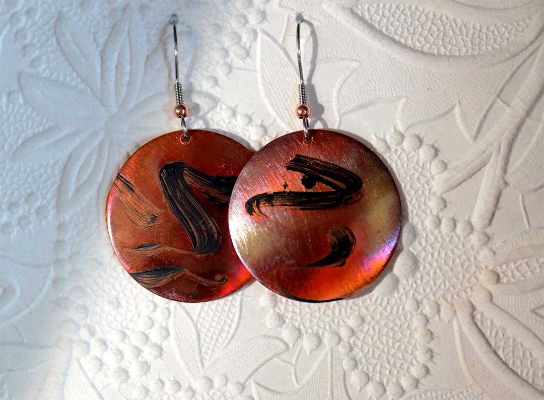 Copper Flame Patinaed Convexed Round Dangle Earrings 1 1/4 Diameter ...