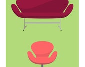 Arne Jacobsen 39 Swan Chair 39 and 39 Swan Settee 39 inspired Mid-Century Modern art print