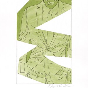 Op de afbeelding: Een groene aquarel-illustratie van een persoon in een pak. De afbeelding is in secties gesneden en op elkaar gelegd. De handtekening van de kunstenaar staat in de rechterbenedenhoek.