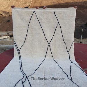 Handmade Striped Moroccan Wool Rug - Off White Black Lines Beni Mrirt Berber Custom Size Area Carpet, made to order