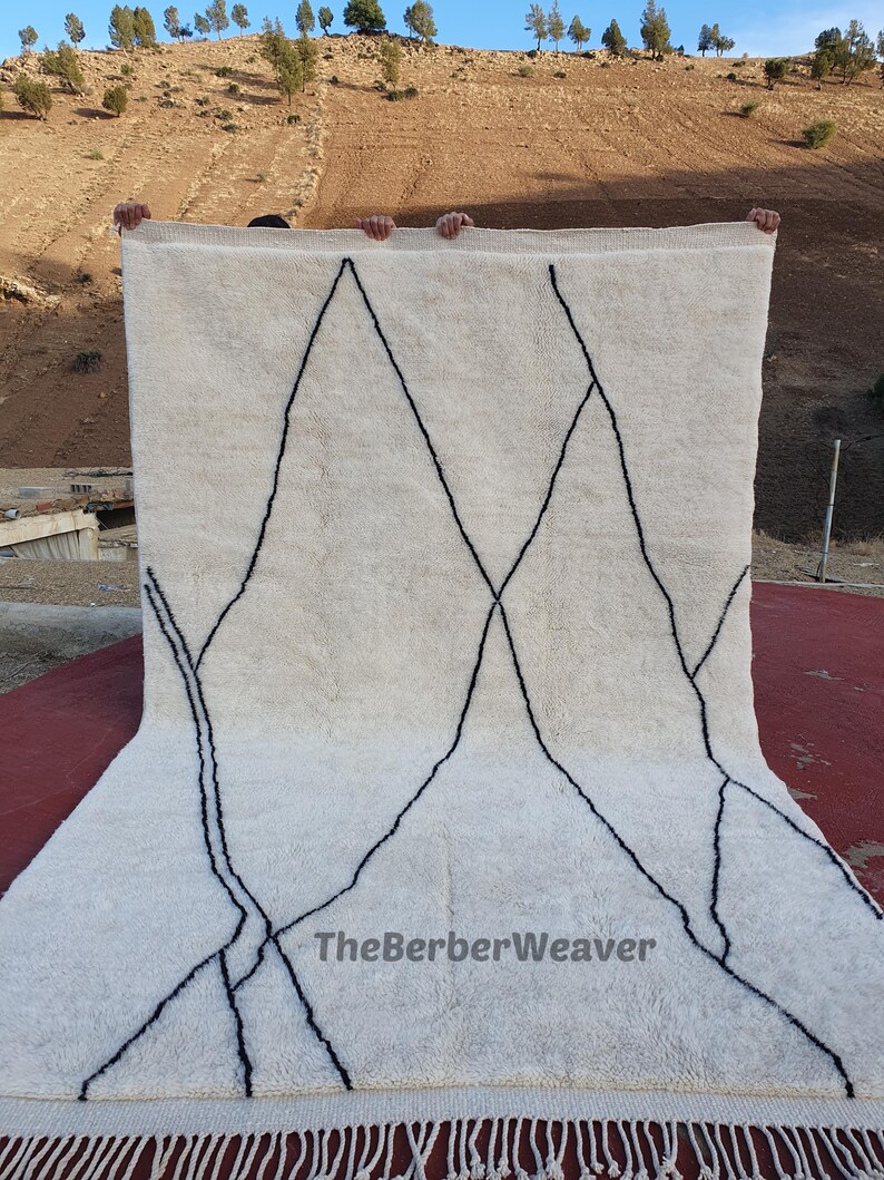 Handmade Striped Moroccan Wool Rug - Off White Black Lines Beni Mrirt Berber Custom Size Area Carpet, made to order