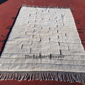 Handwoven Beni Mrirt Rug Off-White Modern Geometric Berber Custom Size Moroccan Area Wool Black hollow design