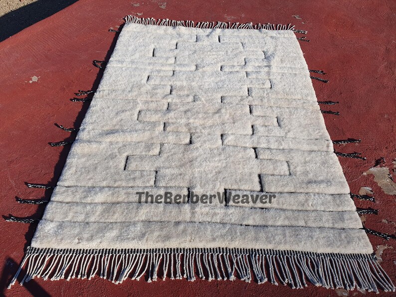 Handwoven Beni Mrirt Rug Off-White Modern Geometric Berber Custom Size Moroccan Area Wool Black hollow design