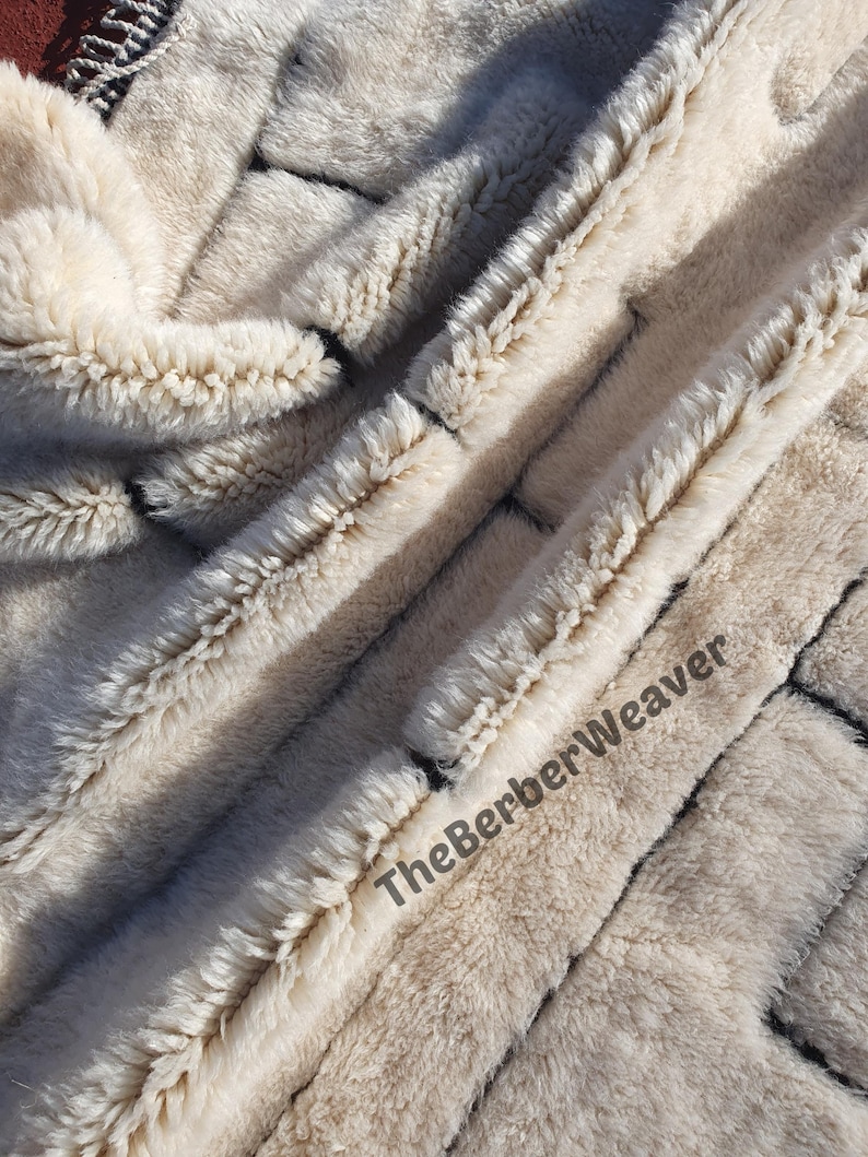 Handwoven Beni Mrirt Rug Off-White Modern Geometric Berber Custom Size Moroccan Area Wool Black hollow design