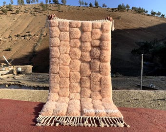 Checkered Peach rug with white hollow lines, Moroccan Beni Mrirt handmade wool rug Custom Size Berber Rug