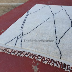 Handmade Striped Moroccan Wool Rug - Off White Black Lines Beni Mrirt Berber Custom Size Area Carpet, made to order
