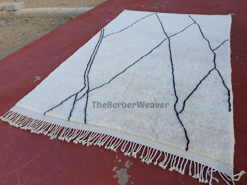 Handmade Striped Moroccan Wool Rug - Off White Black Lines Beni Mrirt Berber Custom Size Area Carpet, made to order
