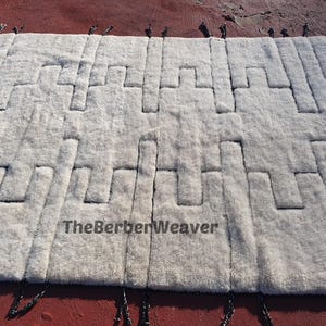 Handwoven Beni Mrirt Rug Off-White Modern Geometric Berber Custom Size Moroccan Area Wool Black hollow design