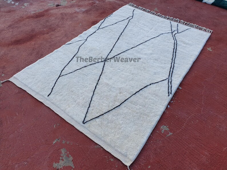Handmade Striped Moroccan Wool Rug - Off White Black Lines Beni Mrirt Berber Custom Size Area Carpet, made to order