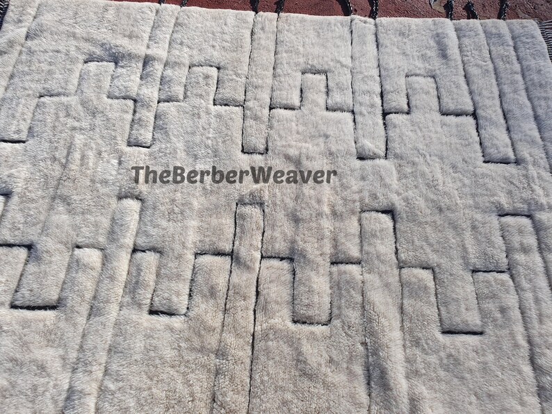 Handwoven Beni Mrirt Rug Off-White Modern Geometric Berber Custom Size Moroccan Area Wool Black hollow design