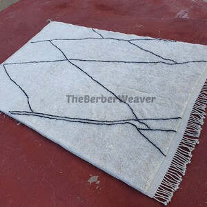 Handmade Striped Moroccan Wool Rug - Off White Black Lines Beni Mrirt Berber Custom Size Area Carpet, made to order