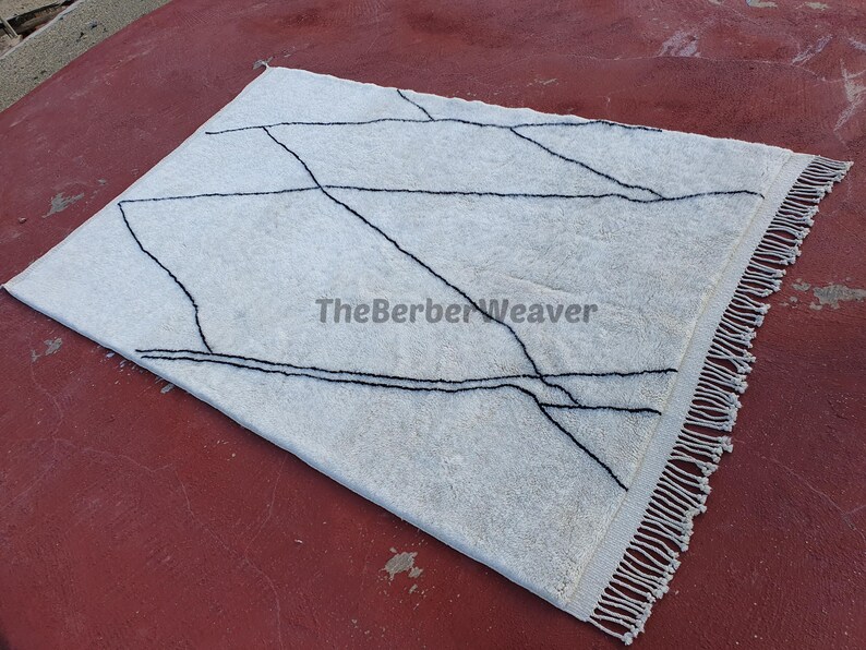 Handmade Striped Moroccan Wool Rug - Off White Black Lines Beni Mrirt Berber Custom Size Area Carpet, made to order