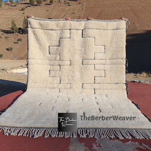 Handwoven Beni Mrirt Rug Off-White Modern Geometric Berber Custom Size Moroccan Area Wool Black hollow design