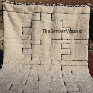 Handwoven Beni Mrirt Rug Off-White Modern Geometric Berber Custom Size Moroccan Area Wool Black hollow design
