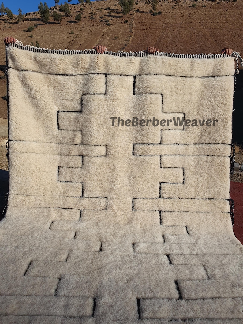 Handwoven Beni Mrirt Rug Off-White Modern Geometric Berber Custom Size Moroccan Area Wool Black hollow design