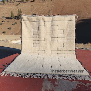Handwoven Beni Mrirt Rug Off-White Modern Geometric Berber Custom Size Moroccan Area Wool Black hollow design