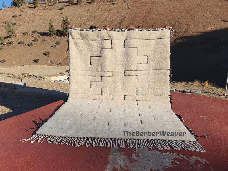 Handwoven Beni Mrirt Rug Off-White Modern Geometric Berber Custom Size Moroccan Area Wool Black hollow design