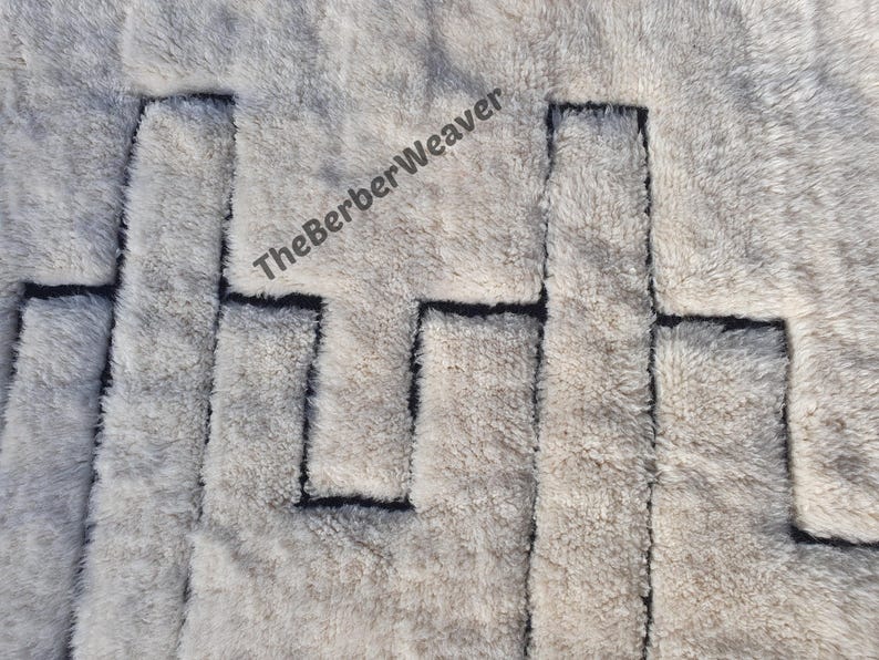 Handwoven Beni Mrirt Rug Off-White Modern Geometric Berber Custom Size Moroccan Area Wool Black hollow design
