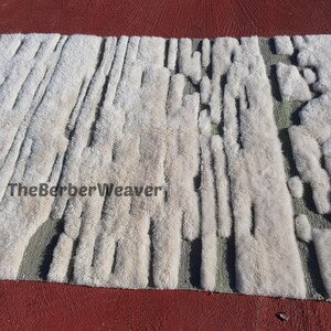 Off White Moroccan Handmade Wool Rug Sage Green Hollow Design Area Customizable Berber Tribal Beni Mrirt Unique Custom Size