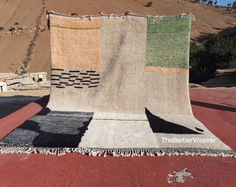 Alfombra marroquí, alfombra abstracta hecha a mano con flecos en ambos lados, alfombra grande