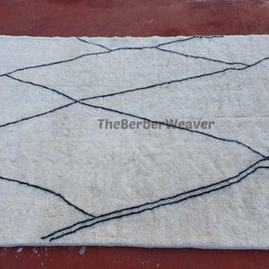 Handmade Striped Moroccan Wool Rug - Off White Black Lines Beni Mrirt Berber Custom Size Area Carpet, made to order
