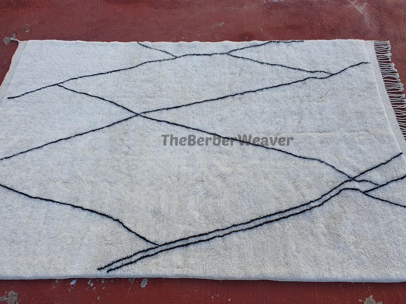 Handmade Striped Moroccan Wool Rug - Off White Black Lines Beni Mrirt Berber Custom Size Area Carpet, made to order