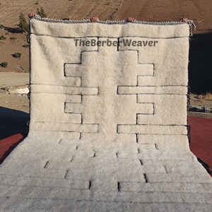Handwoven Beni Mrirt Rug Off-White Modern Geometric Berber Custom Size Moroccan Area Wool Black hollow design