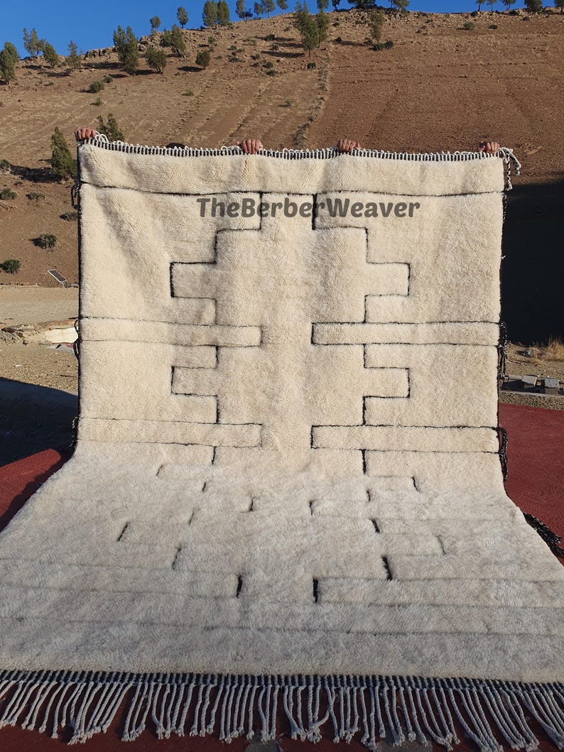 Handwoven Beni Mrirt Rug Off-White Modern Geometric Berber Custom Size Moroccan Area Wool Black hollow design