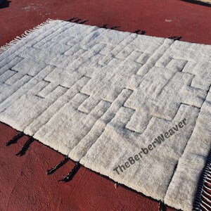 Handwoven Beni Mrirt Rug Off-White Modern Geometric Berber Custom Size Moroccan Area Wool Black hollow design