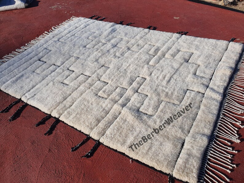 Handwoven Beni Mrirt Rug Off-White Modern Geometric Berber Custom Size Moroccan Area Wool Black hollow design