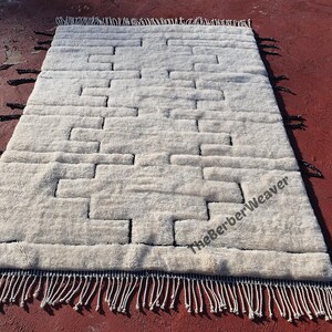 Handwoven Beni Mrirt Rug Off-White Modern Geometric Berber Custom Size Moroccan Area Wool Black hollow design