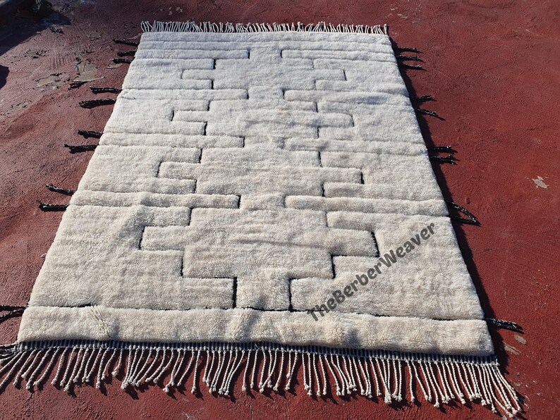 Handwoven Beni Mrirt Rug Off-White Modern Geometric Berber Custom Size Moroccan Area Wool Black hollow design