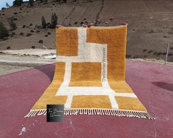 Moroccan Wool Rug mustard Ochre and off white, Handmade Rug High Pile Berber Rug, Mustard Ochre Rug, Minimalist Geometric Boho Rug