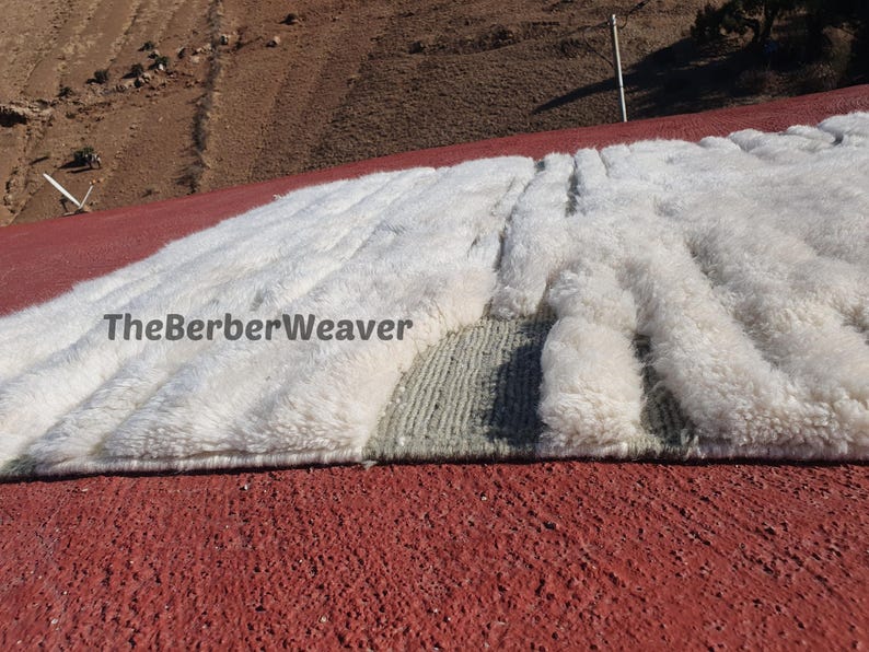 Off White Moroccan Handmade Wool Rug Sage Green Hollow Design Area Customizable Berber Tribal Beni Mrirt Unique Custom Size