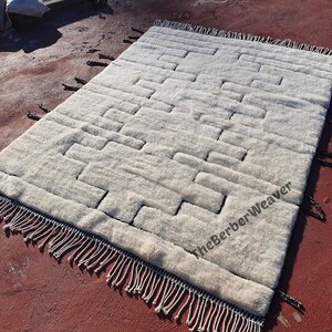Handwoven Beni Mrirt Rug Off-White Modern Geometric Berber Custom Size Moroccan Area Wool Black hollow design