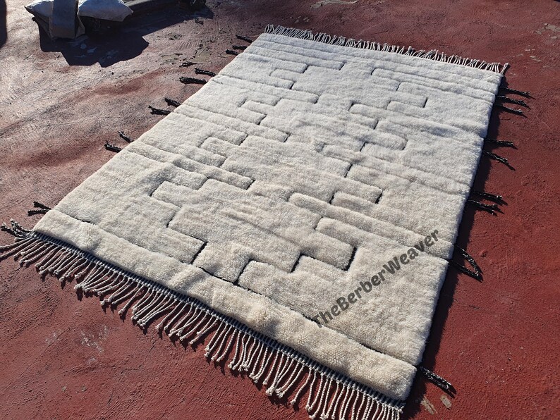 Handwoven Beni Mrirt Rug Off-White Modern Geometric Berber Custom Size Moroccan Area Wool Black hollow design