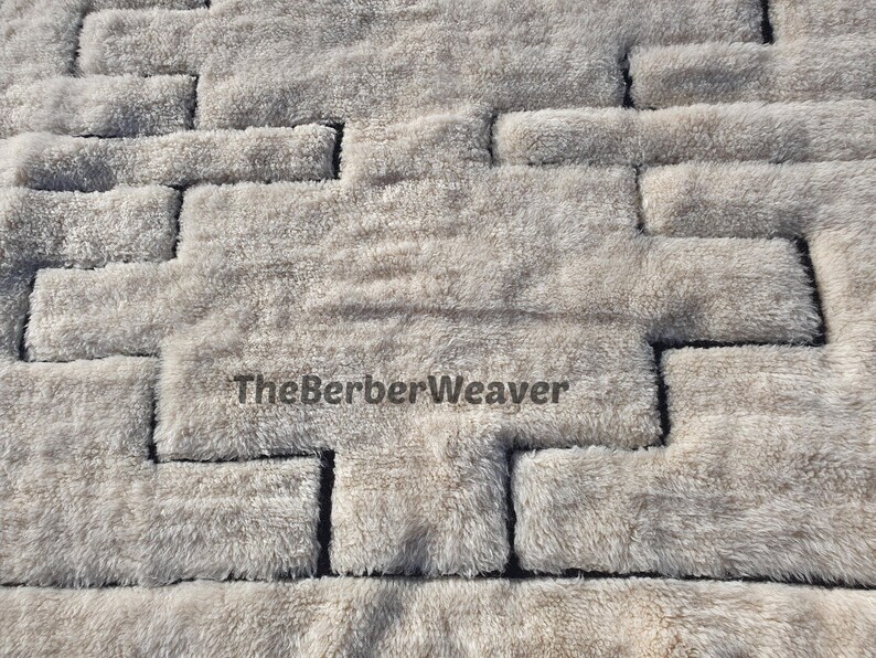 Handwoven Beni Mrirt Rug Off-White Modern Geometric Berber Custom Size Moroccan Area Wool Black hollow design