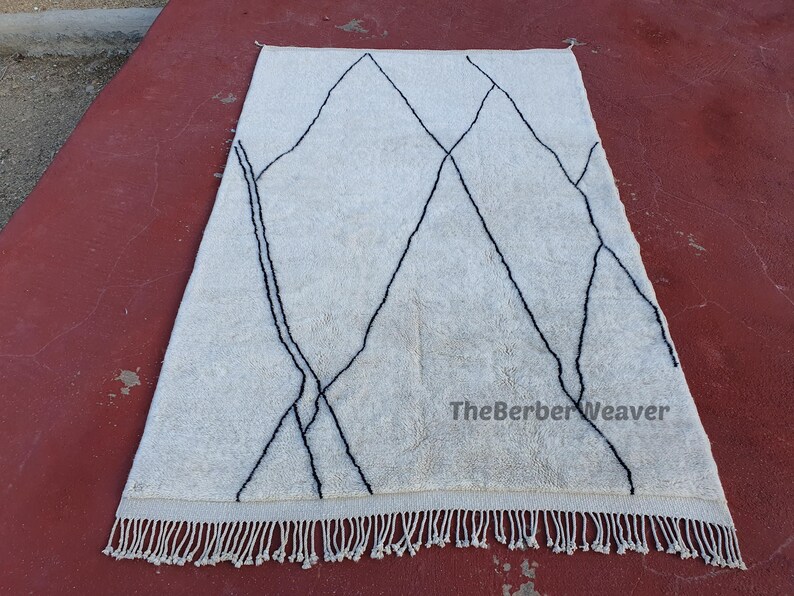 Handmade Striped Moroccan Wool Rug - Off White Black Lines Beni Mrirt Berber Custom Size Area Carpet, made to order