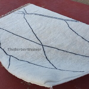 Handmade Striped Moroccan Wool Rug - Off White Black Lines Beni Mrirt Berber Custom Size Area Carpet, made to order