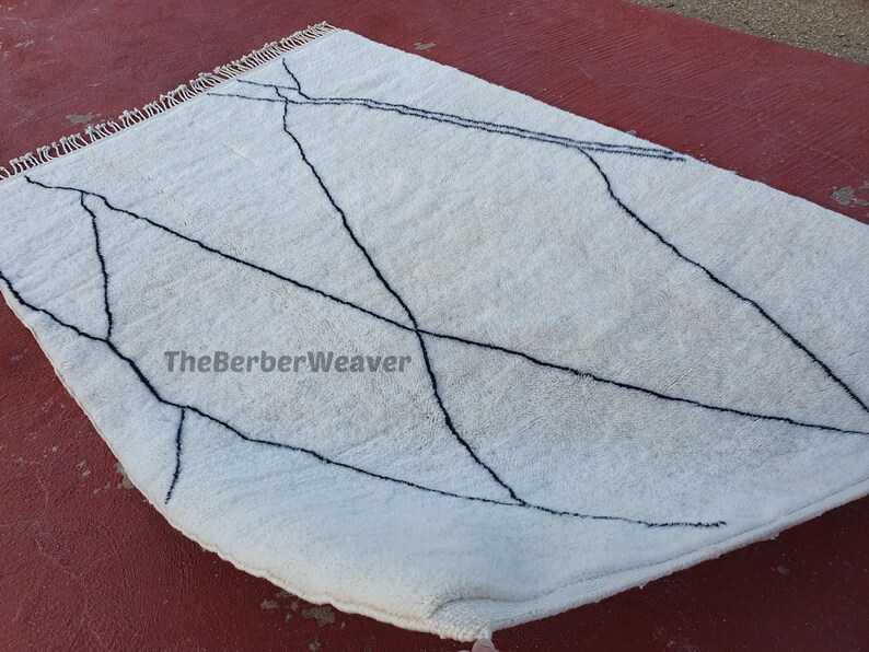 Handmade Striped Moroccan Wool Rug - Off White Black Lines Beni Mrirt Berber Custom Size Area Carpet, made to order