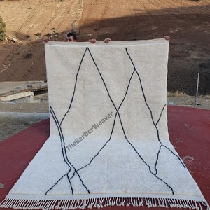 Handmade Striped Moroccan Wool Rug - Off White Black Lines Beni Mrirt Berber Custom Size Area Carpet, made to order