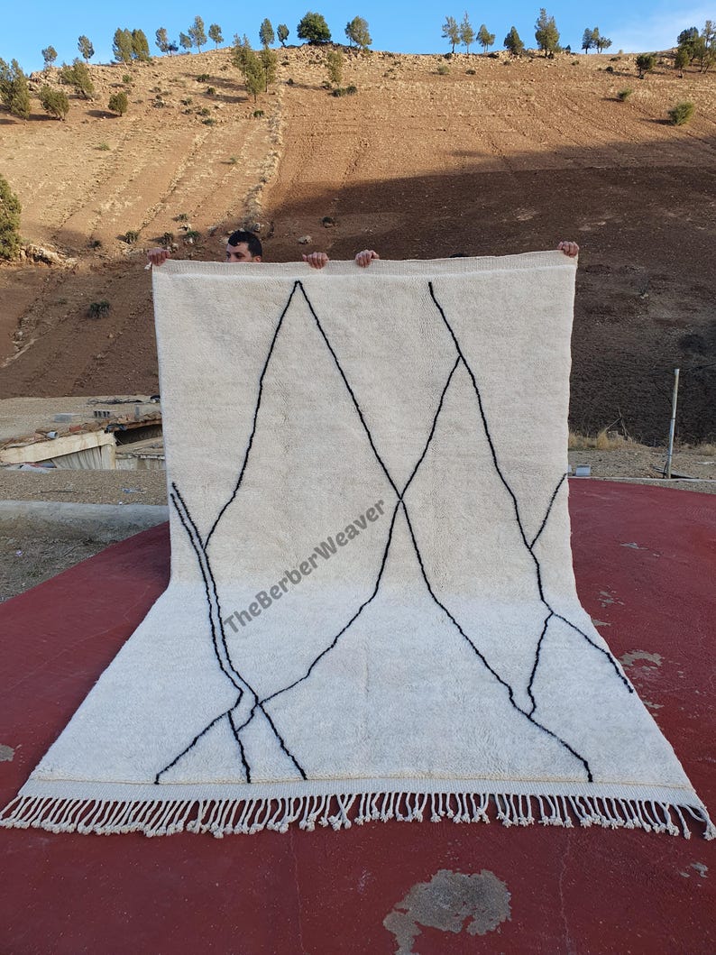 Handmade Striped Moroccan Wool Rug - Off White Black Lines Beni Mrirt Berber Custom Size Area Carpet, made to order