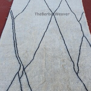 Handmade Striped Moroccan Wool Rug - Off White Black Lines Beni Mrirt Berber Custom Size Area Carpet, made to order