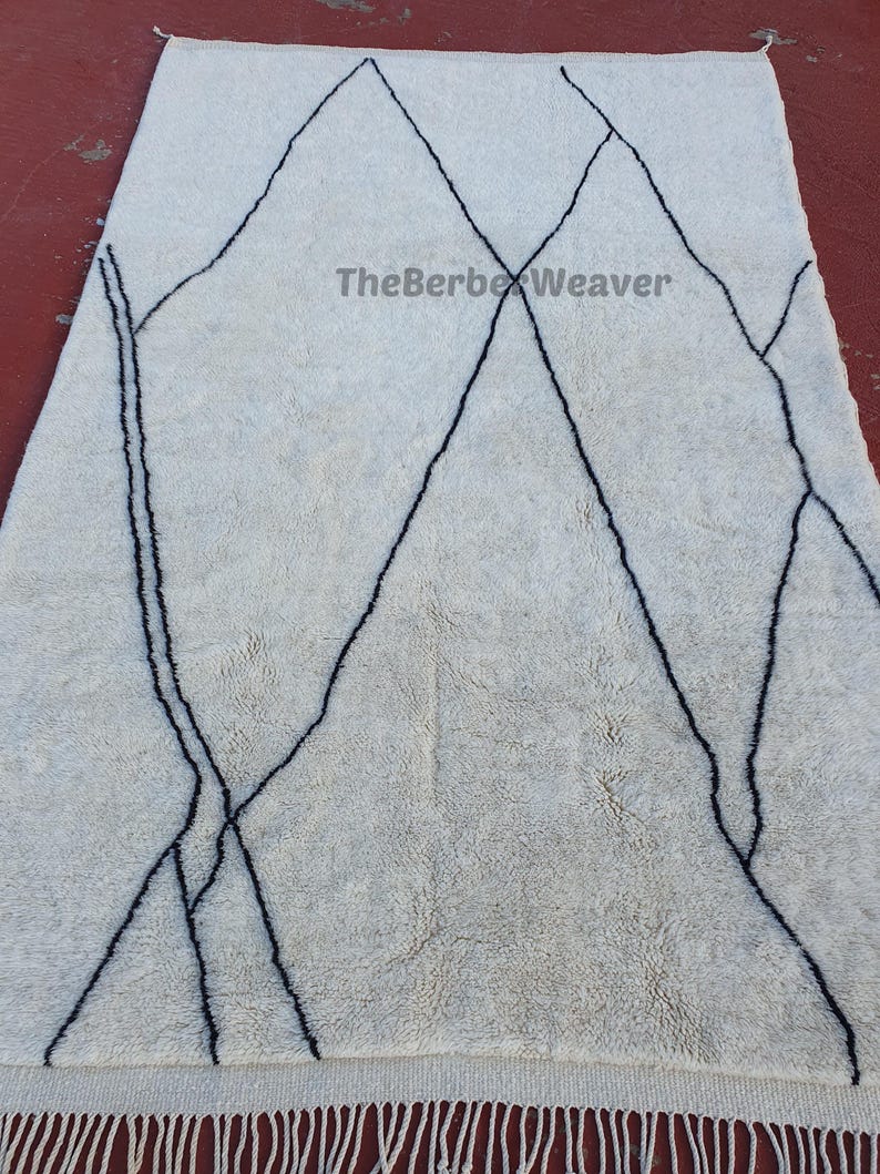 Handmade Striped Moroccan Wool Rug - Off White Black Lines Beni Mrirt Berber Custom Size Area Carpet, made to order