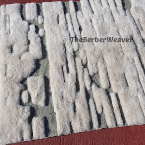 Off White Moroccan Handmade Wool Rug Sage Green Hollow Design Area Customizable Berber Tribal Beni Mrirt Unique Custom Size