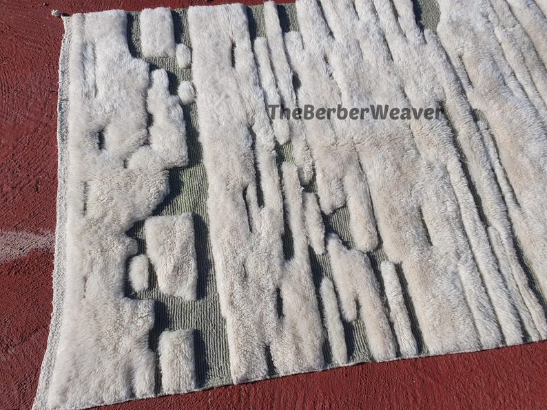 Off White Moroccan Handmade Wool Rug Sage Green Hollow Design Area Customizable Berber Tribal Beni Mrirt Unique Custom Size