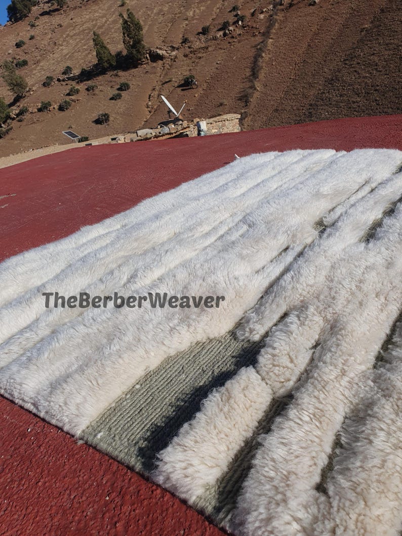 Off White Moroccan Handmade Wool Rug Sage Green Hollow Design Area Customizable Berber Tribal Beni Mrirt Unique Custom Size