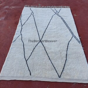 Handmade Striped Moroccan Wool Rug - Off White Black Lines Beni Mrirt Berber Custom Size Area Carpet, made to order