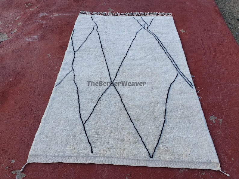 Handmade Striped Moroccan Wool Rug - Off White Black Lines Beni Mrirt Berber Custom Size Area Carpet, made to order