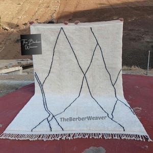 Handmade Striped Moroccan Wool Rug - Off White Black Lines Beni Mrirt Berber Custom Size Area Carpet, made to order